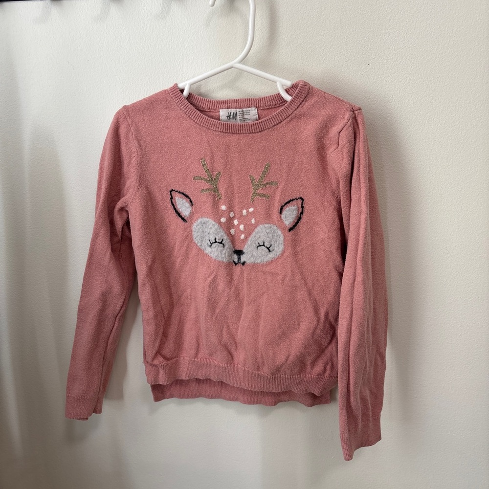 H&M Dusty Rose Girls Deer Knit Sweater